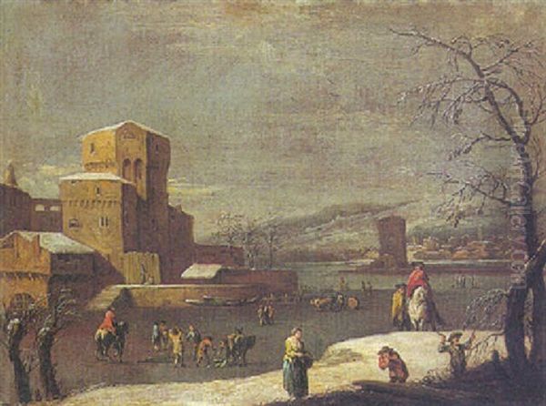 A Winter Landscape With Figures In A Frozen River By A Town - view 1