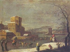 A Winter Landscape With Figures In A Frozen River By A Town by Marco Ricci