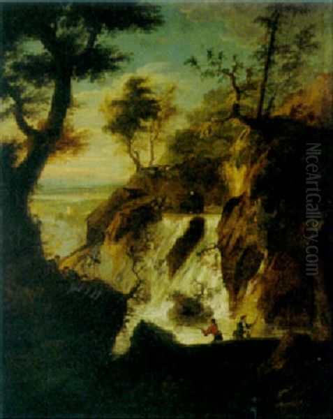A Mountainous Landscape With Fishermen By A Waterfall - view 1