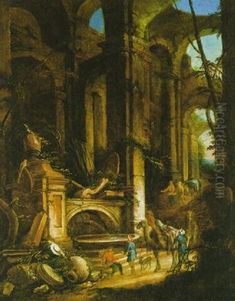 Ruinen Mit Rastenden An Einem Steinernen Brunnen - view 1
