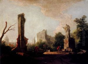 An Architectural Capriccio With Figures By A Fountain, The Colosseum Behind by Marco Ricci