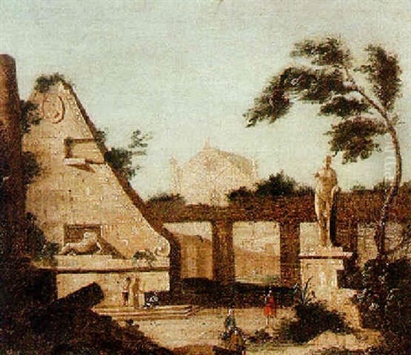 Capriccio View Of Ruins And A Church In The Distance, With An Artist Sketching - view 1