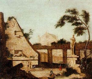 Capriccio View Of Ruins And A Church In The Distance, With An Artist Sketching