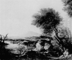 An Extensive Landscape With Figures Seated On A Rocky Outcrop Over-looking A Lake, A Drover And Cattle On A Path by Marco Ricci