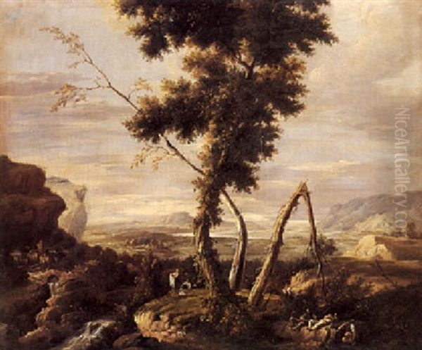 Paesaggio Con Grande Albero Al Centro E Figure - view 1