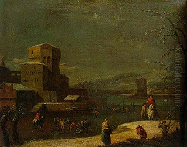 Winter Landscape With Figures On A Frozen River By A Castle - view 1