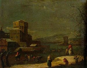 Winter Landscape With Figures On A Frozen River By A Castle by Marco Ricci