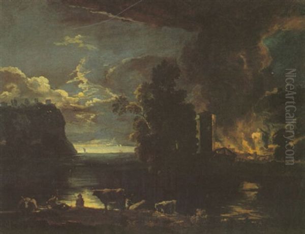 Moonlit Landscape With A Burning Village On The Shore Of A Lake - view 1
