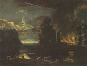Moonlit Landscape With A Burning Village On The Shore Of A Lake