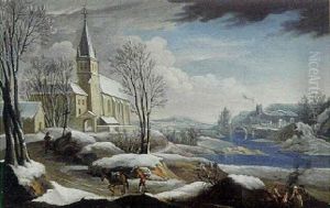 Vinterlandskab Med Kirke Og Folk Der Varmer Sig Ved Et Bal