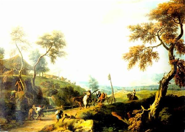 A Wooded Landscape With Gentlemen In A Carriage On A Road In The Foreground, A Valley Beyond - view 1