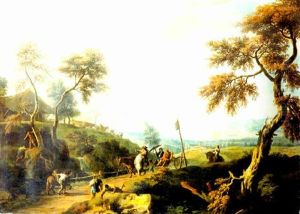 A Wooded Landscape With Gentlemen In A Carriage On A Road In The Foreground, A Valley Beyond by Marco Ricci