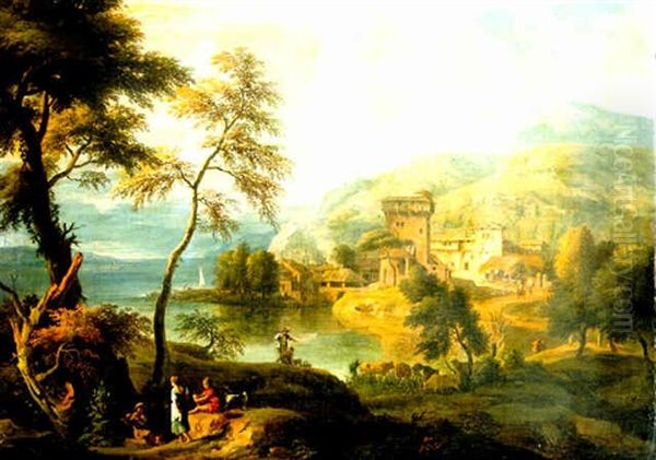 A Wooded Landscape With A Village On A Wide River - view 1