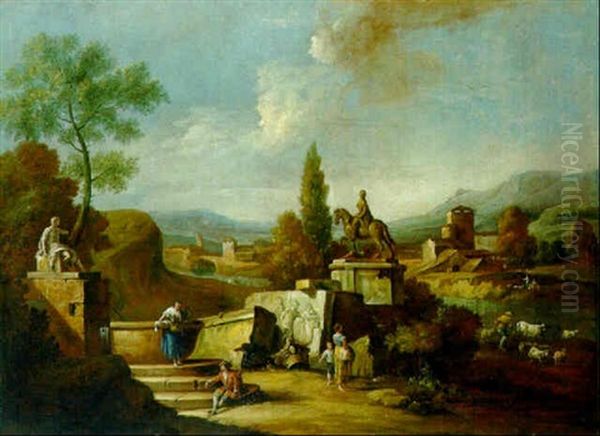 A Classical Landscape With Peasants Near An Equestrian Statue - view 1