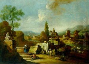 A Classical Landscape With Peasants Near An Equestrian Statue