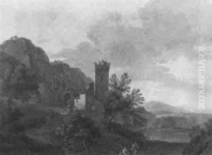 A Mountainous Landscape With A Lake, Buildings And Figures In The Foreground by Marco Ricci