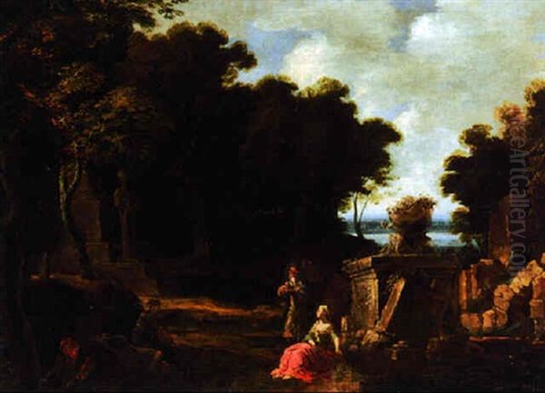 A Wooded River Landscape With Peasants Amongst Classical Ruins - view 1