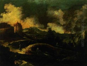 A River Landscape With Peasants On A Bridge, A Tower Beyond by Marco Ricci