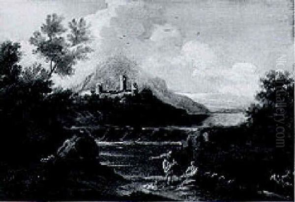 A River Landscape With Fishermen On A Bank Below A Waterfall - view 1