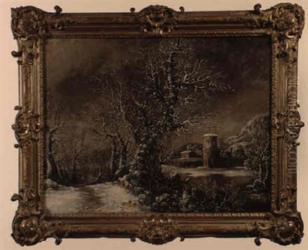 Paysage De Neige Avec Un Chemin Borde D'arbres - view 1