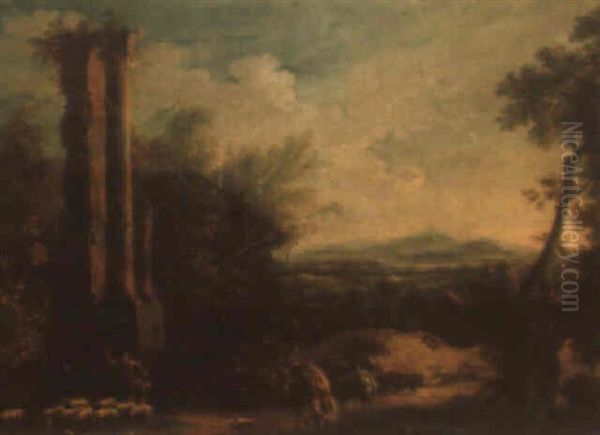 Extensive Italianate Landscape With Ruins, A Traveller And A Shepherd - view 1