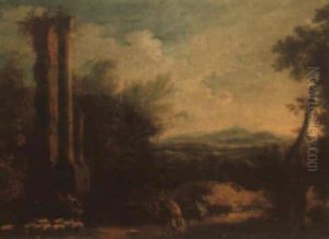 Extensive Italianate Landscape With Ruins, A Traveller And A Shepherd by Marco Ricci