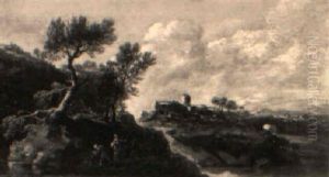 Washerwoman By A Lake Near A Rocky Outcrop
