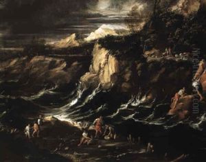Waves Cutting Through Cliffs With Figures On The Shore by Marco Ricci