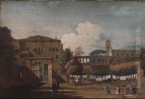 View Of An Italianate Courtyard With Women Hanging Washing