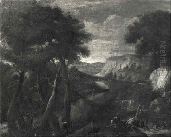 Bewaldete Fluslandschaft Mit Jagern - view 1