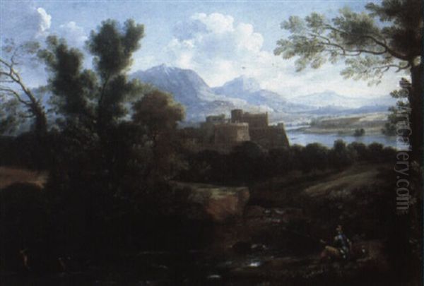 Extensive Italianate River Landscape With Fishermen - view 1