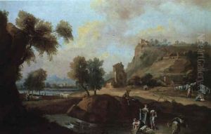 Extensive River Landscape With Women Washing And A Man Watching