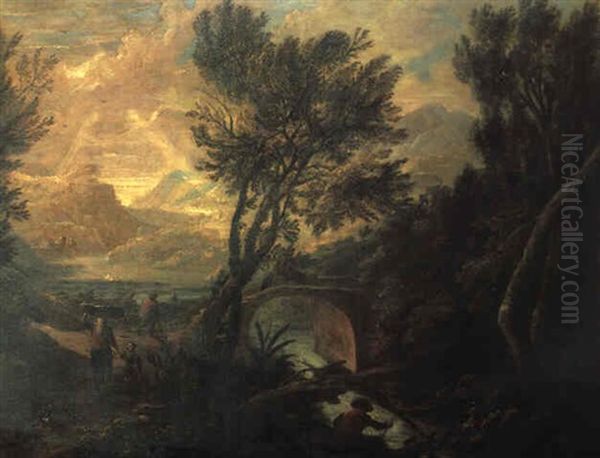 Gebirgige Fluslandschaft Mit Einer Brucke - view 1
