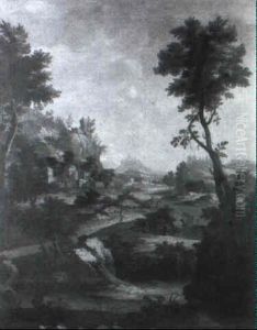 Travellers Passing A Fortified Mansion In A Mountainous Landscape by Marco Ricci