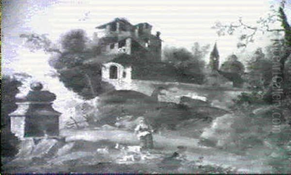 A River Landscape With A Shepherdess By A Fountain, A Droverwith Cattle By A Villa Beyond - view 1