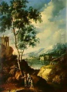 Gebirgslandschaft Mit Blick Auf Ein Dorf An Einem See Gebirgslandschaft Mit Blick Auf Ein Dorf An Einem See