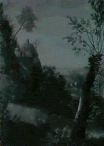A Rocky Wooded Italianate Landscape With A Peasant Resting  By A Pool by Marco Ricci