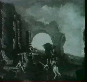 A Dismounted Knight And Other Figures Amid Roman Ruins by Marco Ricci