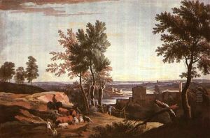 An Extensive Landscape With Herdsmen And Their Animals In The Foreground, And Buildings And A River In The Distance by Marco Ricci