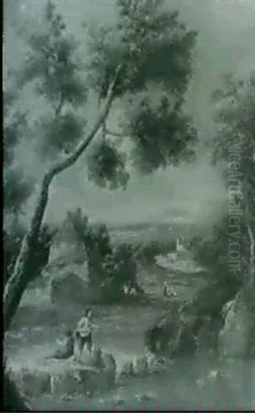 A Wooded River Landscape With Figures Fishing Beside A Waterfall And Cottages A Church And Mountains Beyond - view 1