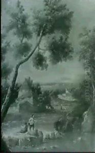 A Wooded River Landscape With Figures Fishing Beside A      Waterfall And Cottages A Church And Mountains Beyond by Marco Ricci