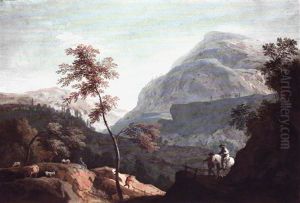 Peasants With Animals And Travellers In A Mountainous Landscape by Marco Ricci