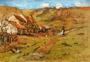 East Coast Cottages With Hens And Figure On Pathway by James William Booth