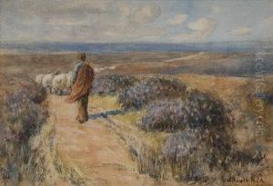 Shepherd And Sheep In A Moorland Landscape by James William Booth