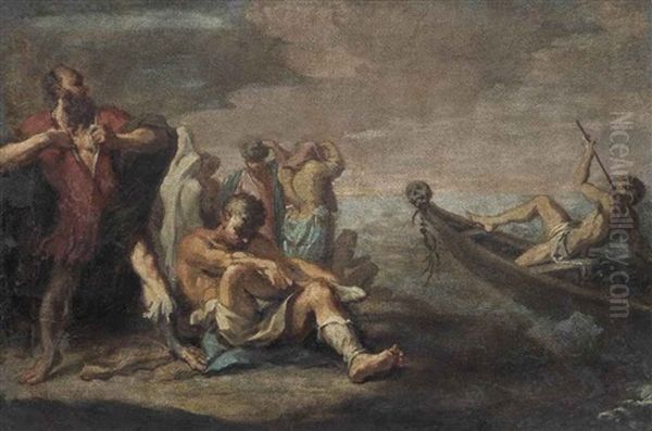 Figures On A Shore Looking Across The Sea, With A Man Stumbling In A Rowing Boat - view 1