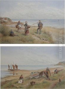 "the Path By The Cliff" Possibly On The Yorkshire Coast, Together With "drying Nets", A Pair by Kate E. Booth
