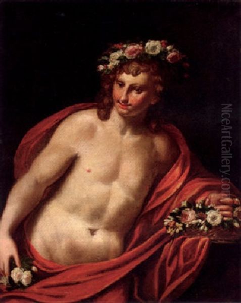 A Young Man Wearing A Floral Wreath With A Basket Of Flowers, Holding A Heart - view 1
