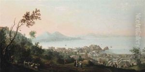 The Bay Of Naples With Castel Sant'elmo On The Vomero Hill And Castel Nuovo On The Bay, The Vesuvius In The Distance by Gabriele Ricciardelli