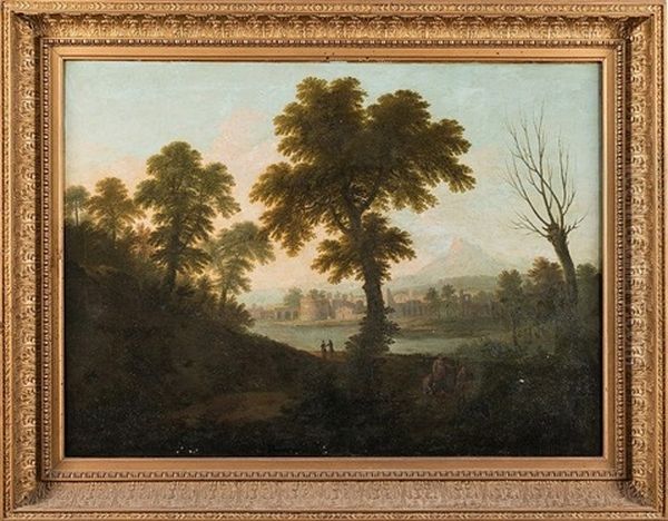 An Italianate Landscape, Figures In The Foreground, With A View To A Fortified Town And Mountains Beyond - view 1