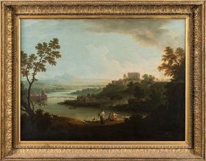 An Extensive Italianate River Landscape, With Figures And Goats In The Foreground, A Hilltop Town Beyond, Mountains In The Distance